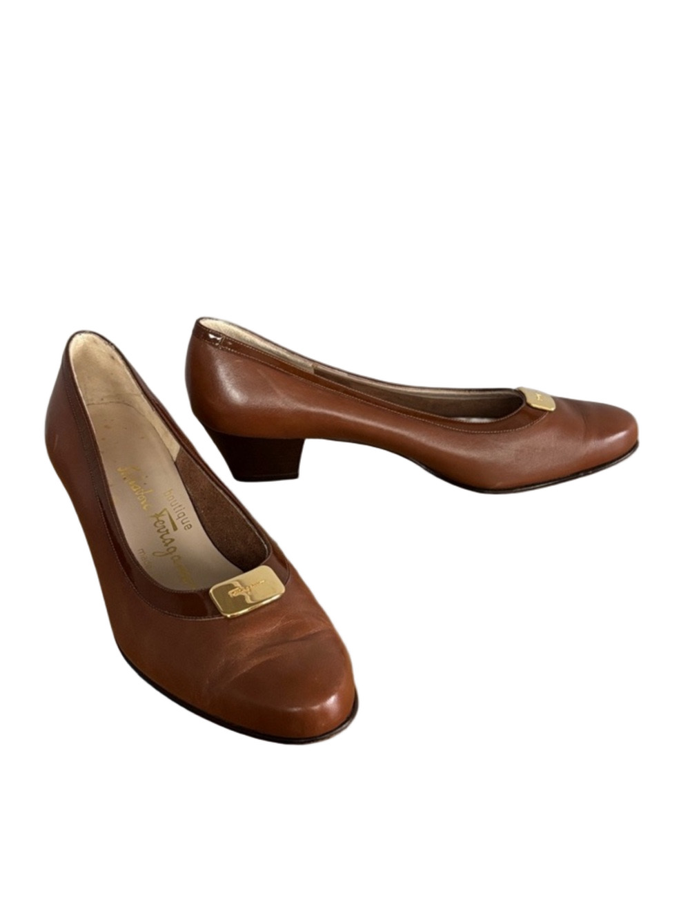 Salvatore Ferragamo Vintage Brown Calfskin Leather Pumps Gold-tone Logo Accent